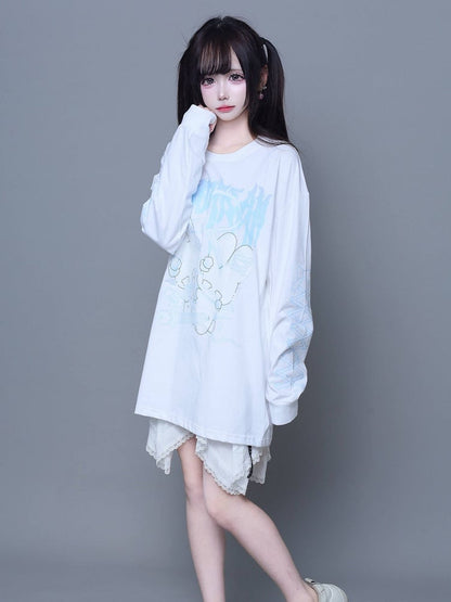 Print White Lace-Up Long-Sleeve T-Shirt Kei Jirai with Bunny
