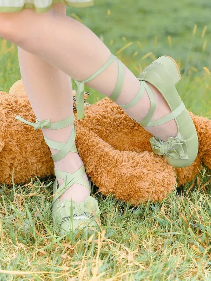 3.5cm Heeled Sweet Lolita Green Ballet Shoes - Bow at Top & Wrap-Around Ankle Tie