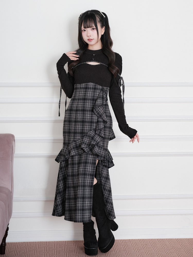 Black Jirai-Kei Faux Two-Piece Plaid Knit Long-Sleeve Dress, Ruffles & Hem Slit - No Genki