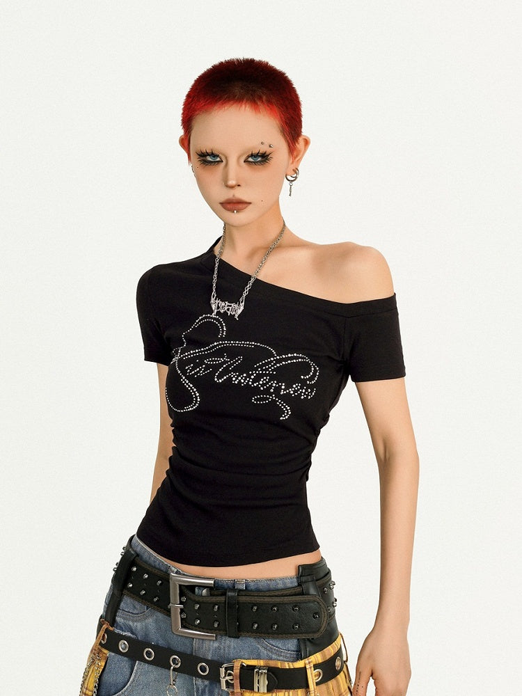 Asymmetrical Shoulder Long Sleeve Top with Rhinestones