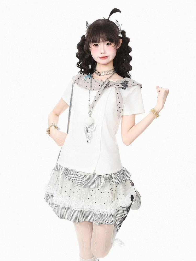 White Polka Dot Music Note Tie-Neck Top - Languid Park