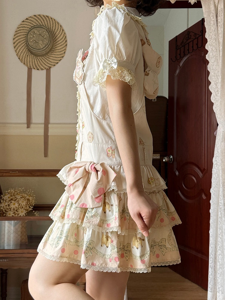 Print Dress Sweet with Waist Tiered Dropped Toys Hood Ears Skirt Bear Lolita Overall