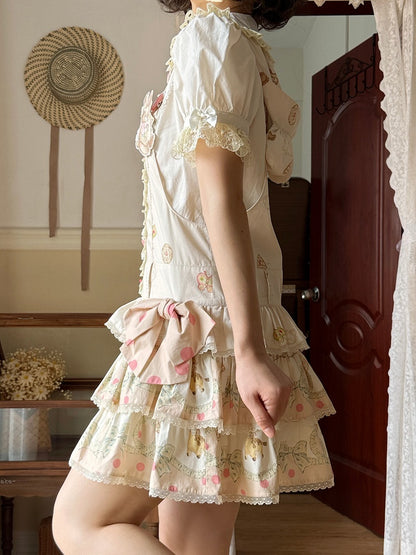 Print Dress Sweet with Waist Tiered Dropped Toys Hood Ears Skirt Bear Lolita Overall