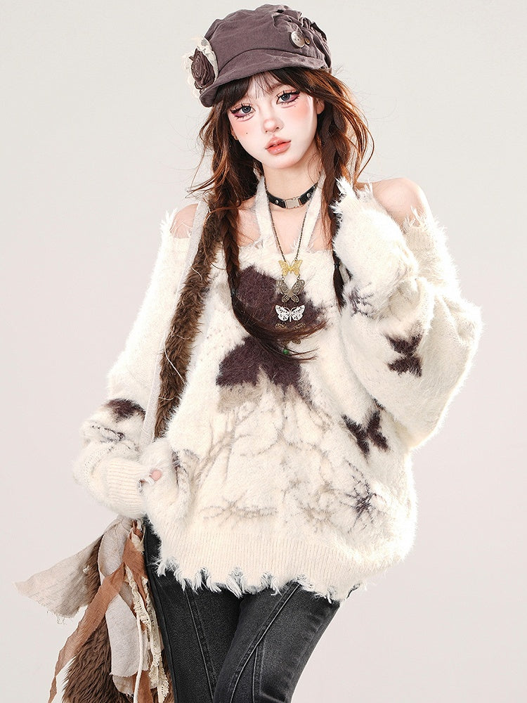 アプリコット/ブラック バタフライ ホルターネック モヘア ルーズセーター