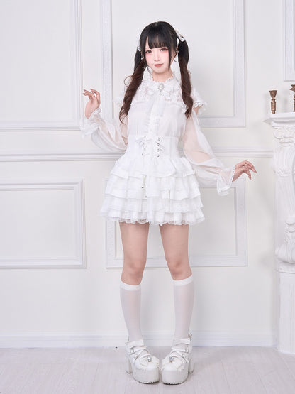 Weiße Bluse aus Jirai-Chiffonstoff: Ärmel Kei lang