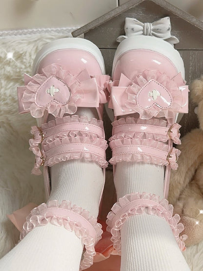 Straps High Kei Ruffled Applique Top Shoes in with Jirai Lace Block Heart Bow Pink Detailed Heel - Platform