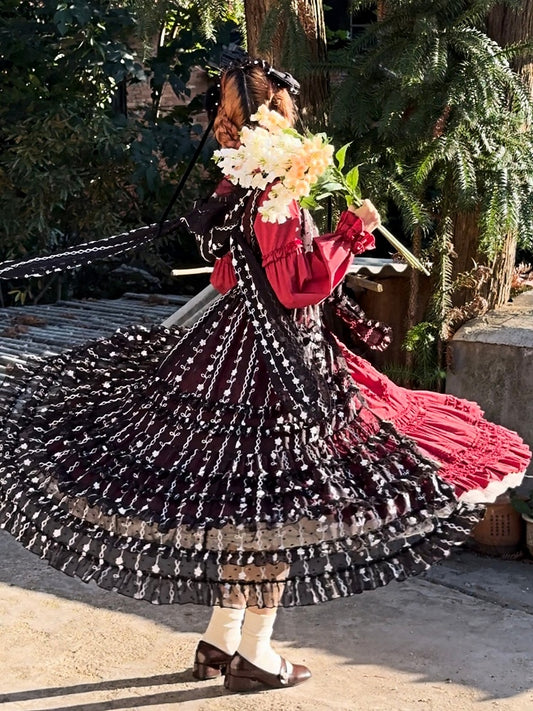 Floral Ear with Overdress Ruffled Pattern Hood Lolita Black Bunny