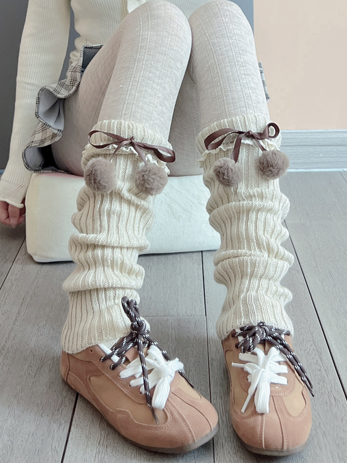 Khaki Sweet Bowknot Lace Details Knitted Leg Warmers With Pompons