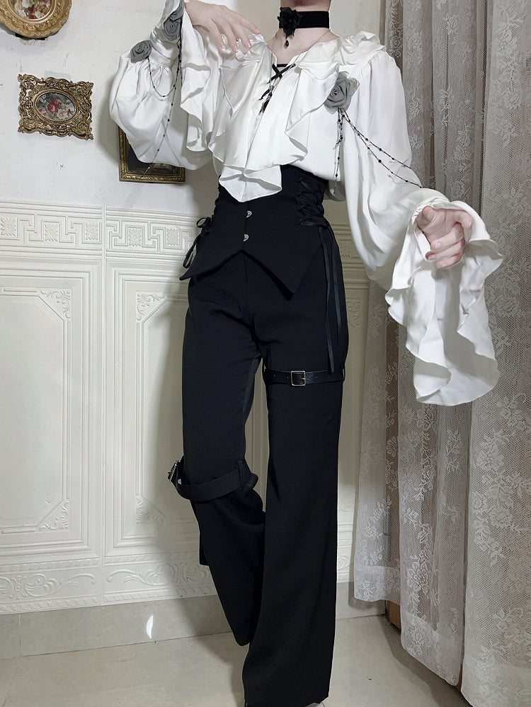 Ivory Cascading Ruffle Shirt with Gray Floral Chains - Shi Zhi Mao