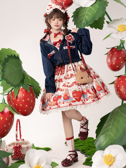 Navy Blue Heart Applique Bunny Ear Hooded Denim Short Jacket Ruffle Hem