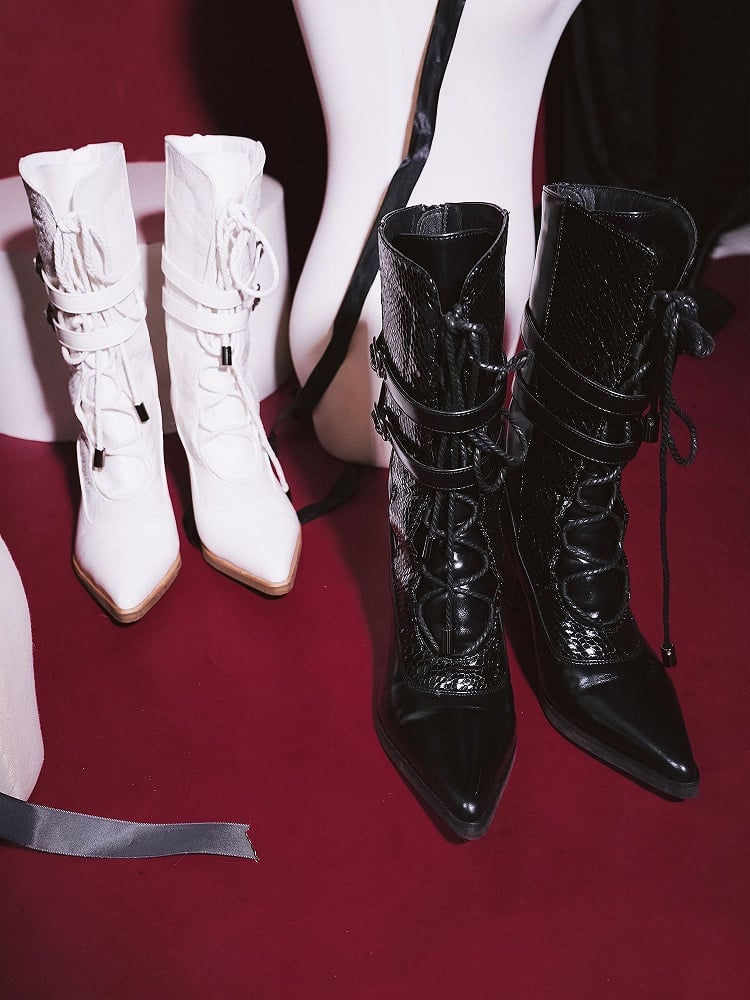 Boots Heels White Snake Pattern Goth