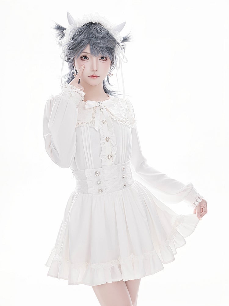 Long Lace Blouse: White with Detailed Jirai Beadwork Square Sleeves Kei Collar