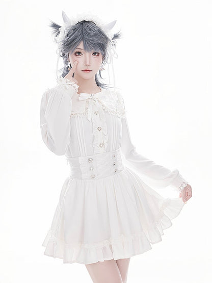 Long Lace Blouse: White with Detailed Jirai Beadwork Square Sleeves Kei Collar