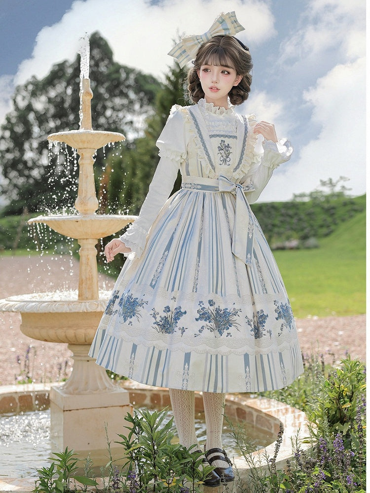 Long Blue & White Striped Floral Embroidered JSK Set with Knit Top, Belt & KC - With PUJI