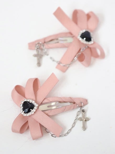 Hairclip Black/Pink Cross Kei Heart Bowknot Jirai Rhinestone