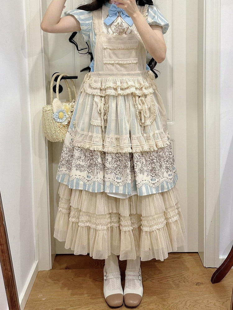and Floral Blue Embroidery Classic One Bowknot Piece Striped Bodice Version Lolita Short Pattern