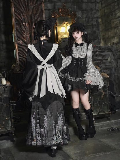 Gothic Necklace Black Top Han Lolita Skirt Bonnet Long Apron Horse-face - Set +