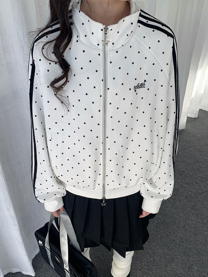 White Striped Zip-Up Jacket with Polka Dot Pattern - Solkatt