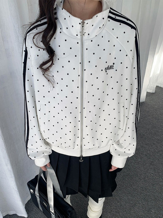 White Striped Zip-Up Jacket with Polka Dot Pattern - Solkatt
