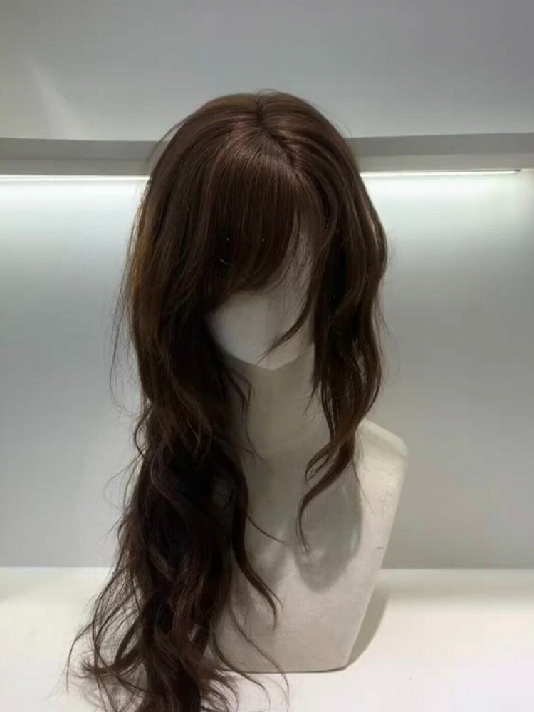 Brown 60cm Wavy Curly Wig with Side-swept Bangs - Hui Ran