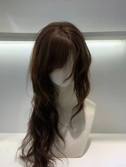 Brown 60cm Wavy Curly Wig with Side-swept Bangs - Hui Ran