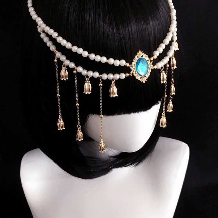 Rhinestone Bell and Center Flowers Tassels Headwear Golden with Beaded