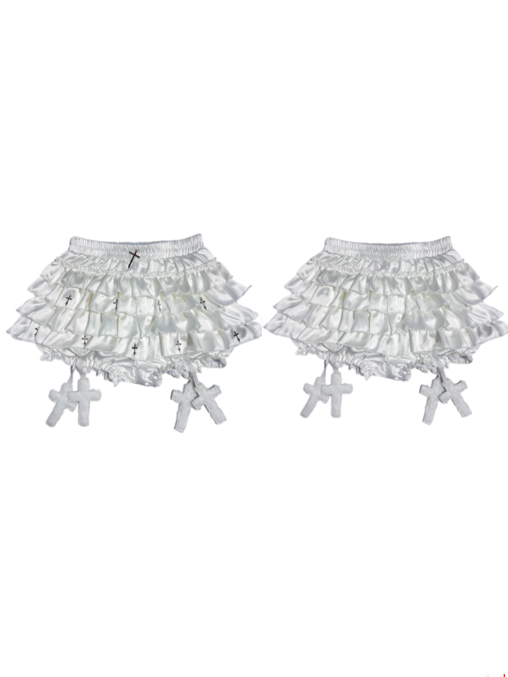 Cross Metal Skort with Cross Charms White Elastic Waist Tiered Embellished Ruffles