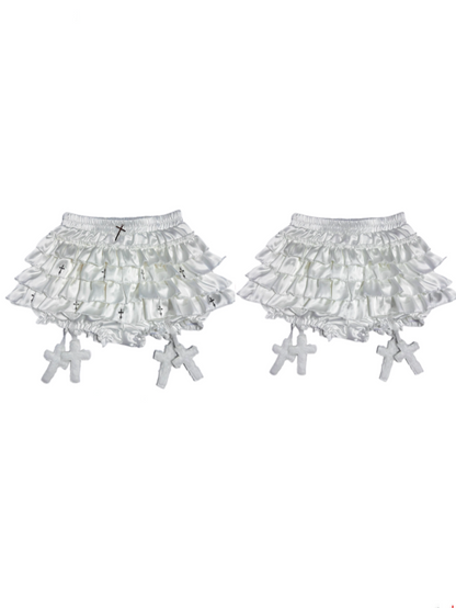 Cross Metal Skort with Cross Charms White Elastic Waist Tiered Embellished Ruffles