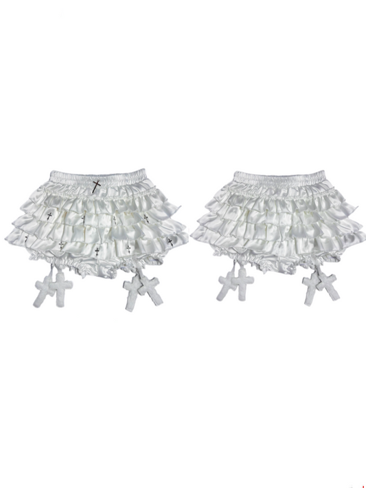 Cross Metal Skort with Cross Charms White Elastic Waist Tiered Embellished Ruffles