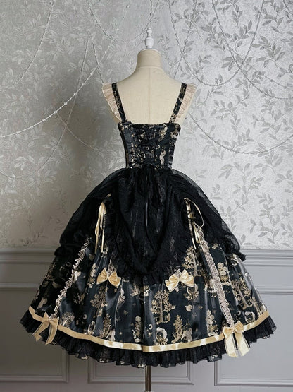 Overlay Waist Corset Drawstring Black Skirt Lolita Jumper and Gold