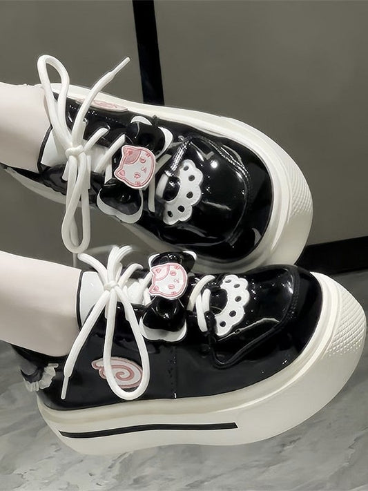 Cat Sneakers Sweet Black Appliques Wing with Lolita Round-Toe Platform