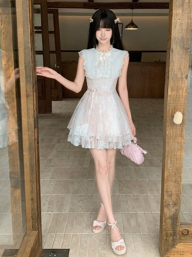 Pink & White Floral Seiso-kei Sleeveless Dress with Bow and Lace - LA LA JK