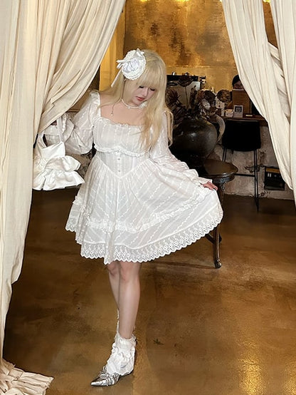 with Floral White Basque Waist Dress and Trim Lace Decoration Plus Neckline Size