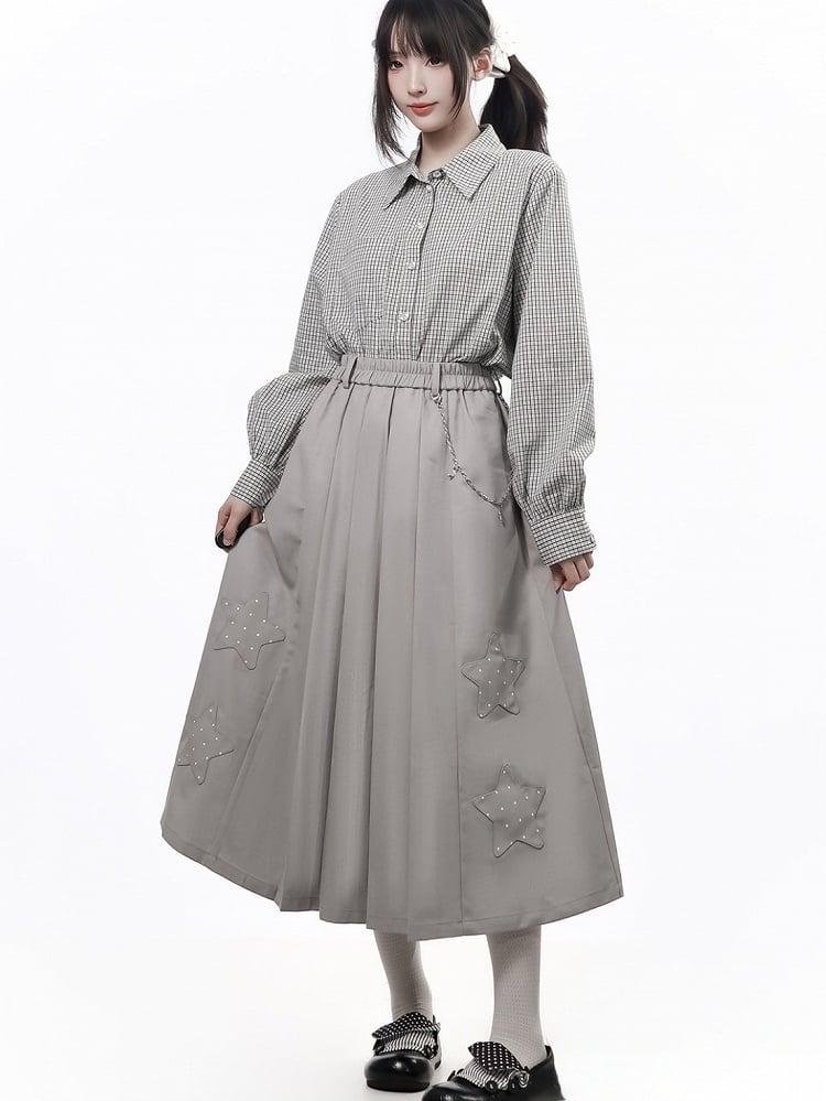 Kawaii Gray White Long Sleeve Plaid Shirt - PINK SAVIOR