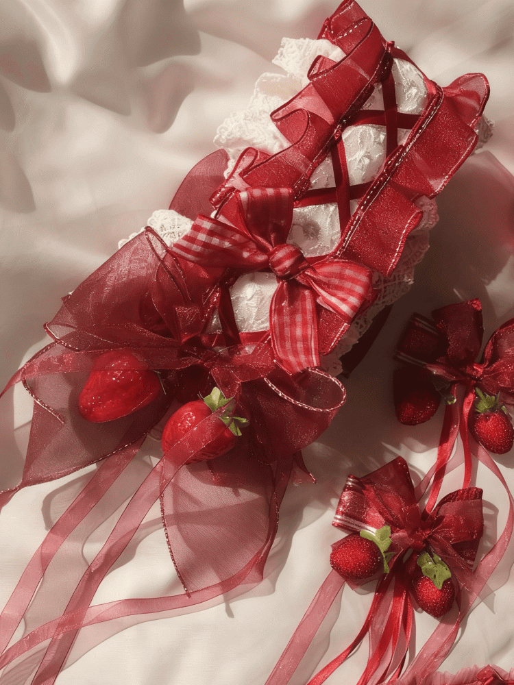 2 Lace Red Plaid Sweet Sizes Lolita White Hairband Strawberry