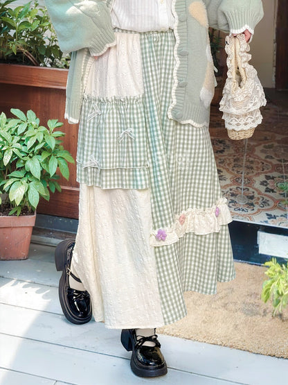 モリケイ グリーン チェック柄 ニット 花柄 蝶結びディテール スカート
