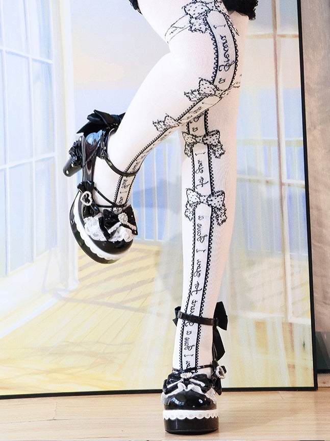 Bow Front - Lace Sparkling Lolita Sweet PU Edging Heels Black High in Heel Block Architectural with