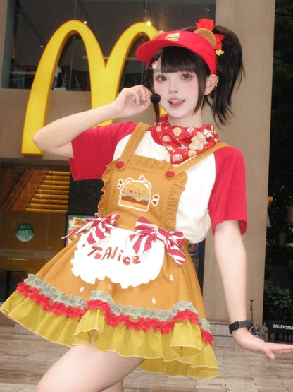 with Khaki Overalls Sweet Bowknots Hamburger Striped Cute Teddy