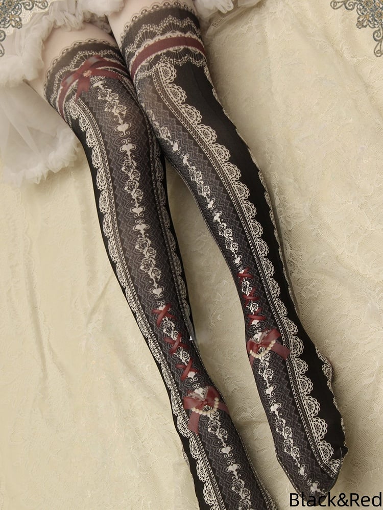 Lace Print Lolita Colors Tights 10 Strappy Bowknot