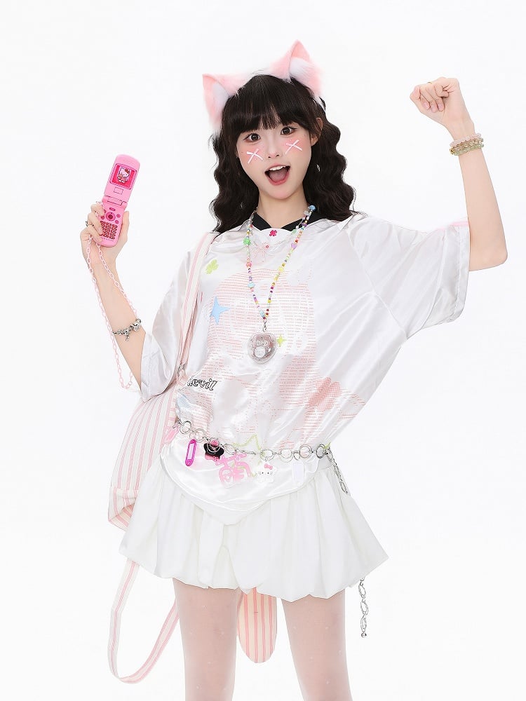 Blue/Pink Oversized Satin Short Sleeve T-Shirt with Clover