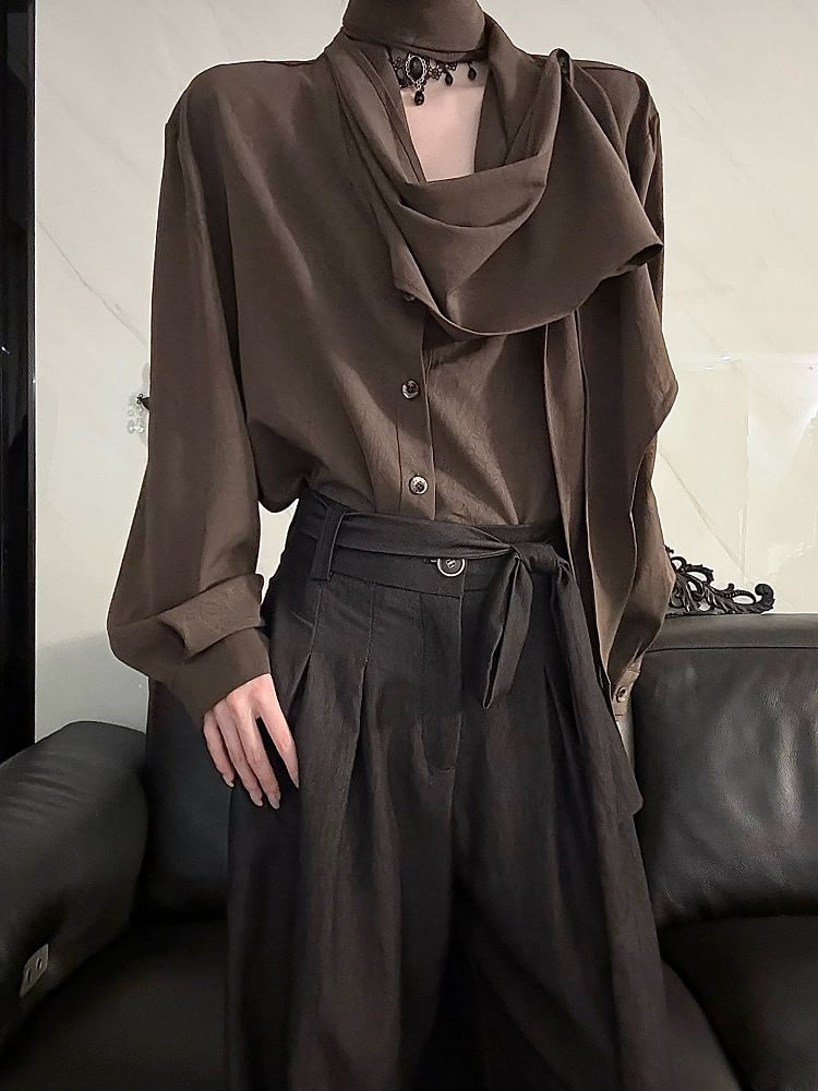 Brown Scarf Shirt Lolita Long Neckline Sleeve