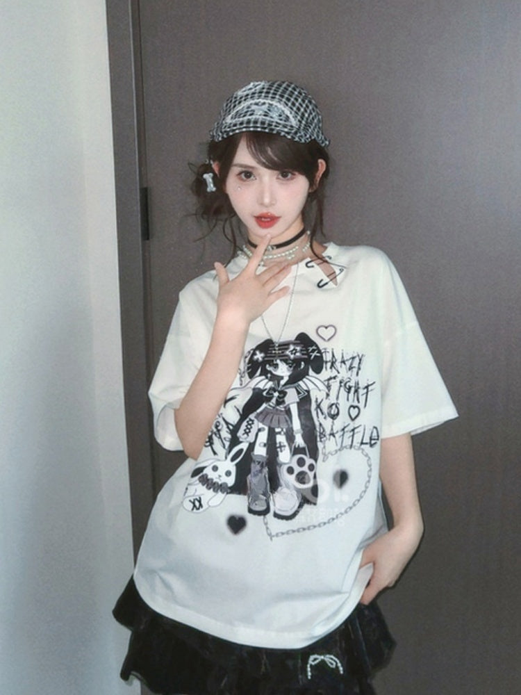 Lace-up with Neckline Detail Punk Girl Print Slit Gloves White Y2K T-Shirt