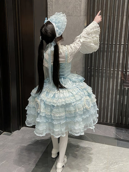 JSK with Dress Accents Multi-Layered Lace Blue Lolita Bow Princess Ruffle Sweet