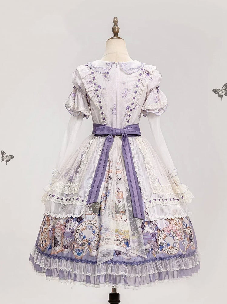 Kleid mit Blumenärmeln, Party- und Hasen-Lolita-Print mit abnehmbarem Tee