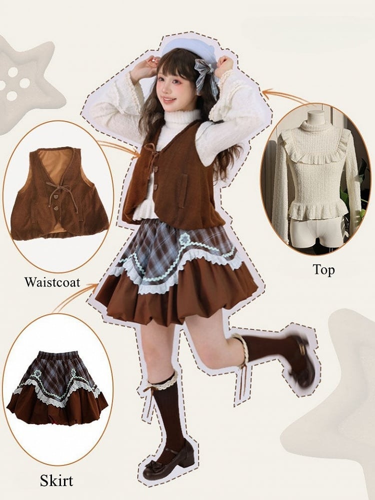 Brown + Bubble Set Knit Lolita Top Blue Plaid Skirt Waistcoat Sweet