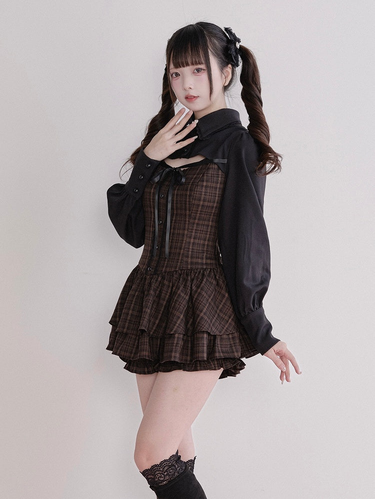 Jirai Fake Brown Set Plaid Matching Dress Two-Piece Kei Long-Sleeve + Shorts