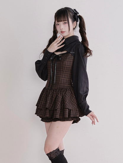Jirai Fake Brown Set Plaid Matching Dress Two-Piece Kei Long-Sleeve + Shorts