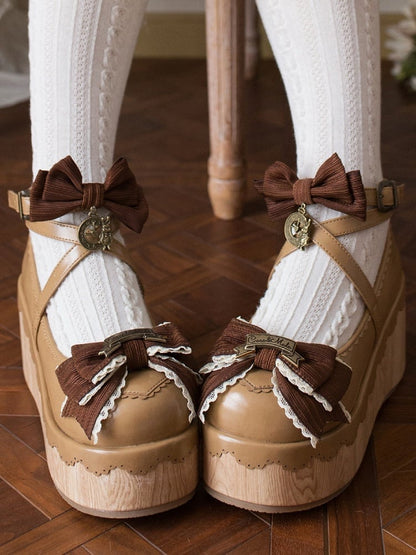 Light PU Round Clock Charm Brown - Shoes Toe Accents Platform Bow