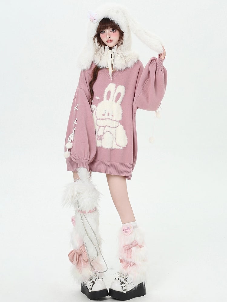 Bunny Pink Detail Sweater V-neck Sleeves Plush Cute Loose Lace-up at with