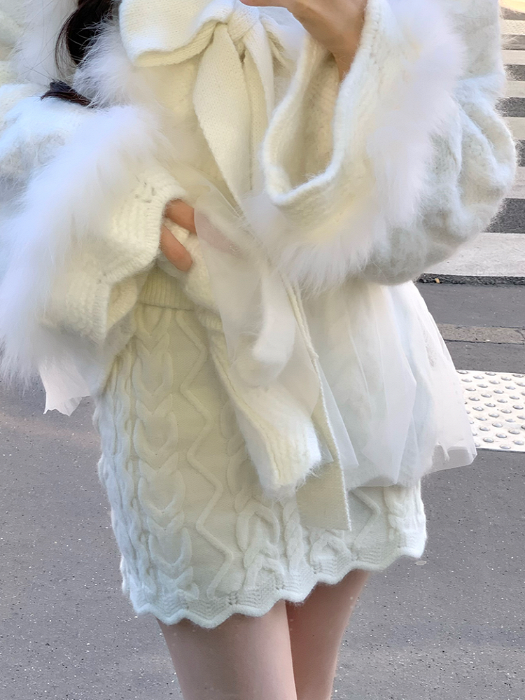 Skirt Knit Top Set Vintage Cable-Knit Frayed-Trim Wool Luxe